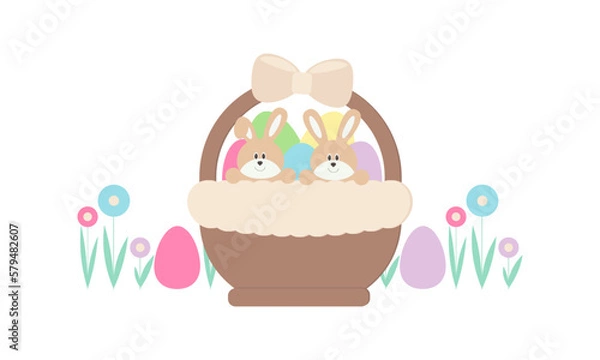 Obraz Easter rabbits in a basket. Painted eggs. Vector illustration.