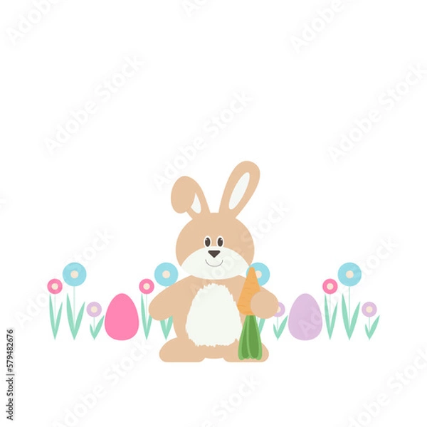 Obraz Easter bunny with eggs on the lawn. Vector illustration.