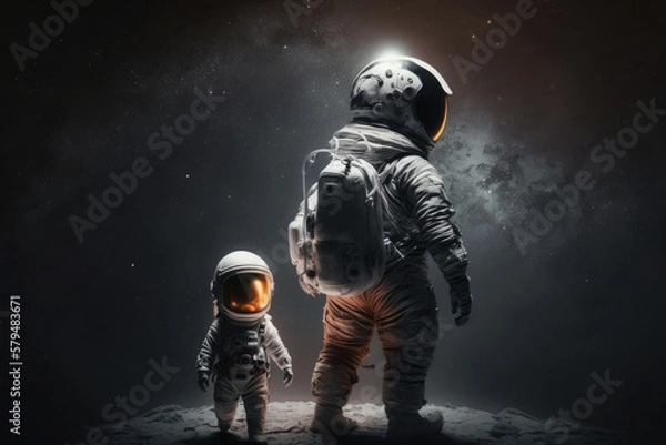 Fototapeta Astronauts in space suits on unknown planet surface. Father and son astronauts exploring space. Created with generative ai