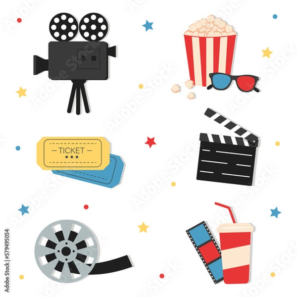 Fototapeta Collection of elements on the theme of the movie. Camera, popcorn, drink, cinema, clapperboard. Movies premiere ticket cinematography. Vector illustration