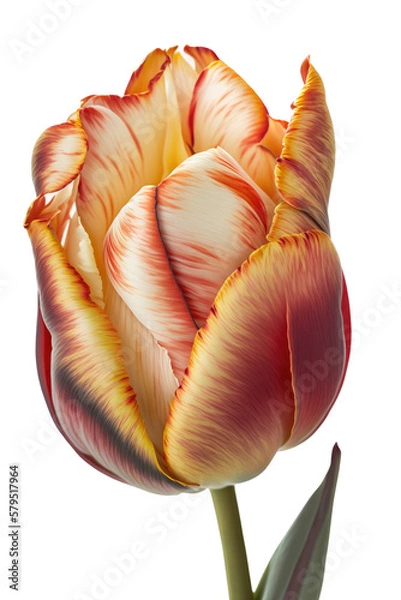 Fototapeta isolated red, white and orange tulip flower photo, png, transparent background, spring flowers, summer, floral, vertical, horizontal, up close, blossom, petals, generative ai