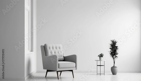Fototapeta Mockup wall in solid color background live room with armchair and wooden table. Created with generative Ai technology