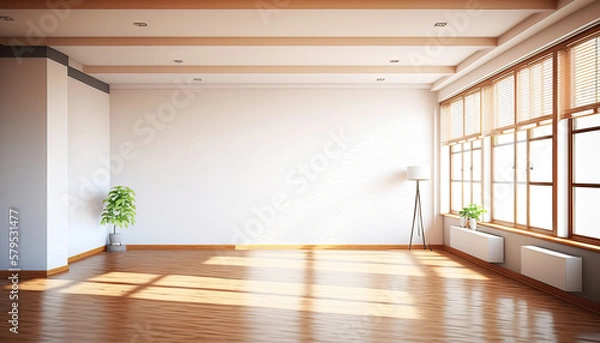 Fototapeta contemporary empty light and bright modern room with a window and empty walls with wooden floor and indoor plant, generative ai
