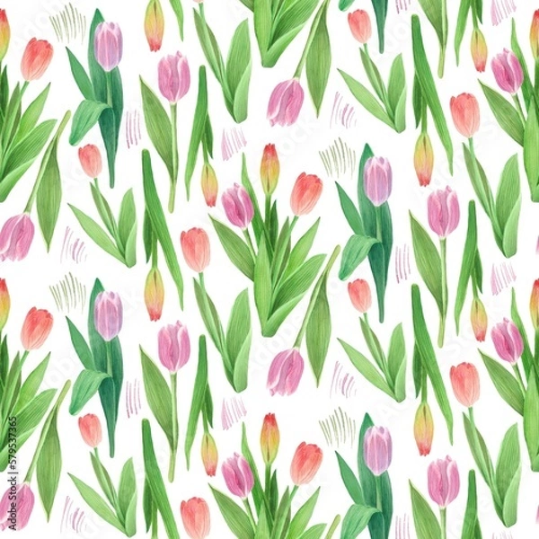 Fototapeta Seamless floral pattern with watercolor tulips of different colors, with abstract paint strokes as elements, can be used as a background or textile design