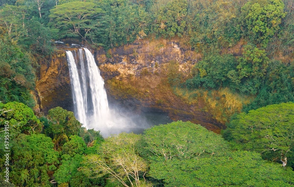 Obraz Drone photo of Waterfall in the jungle on Kaua’i 