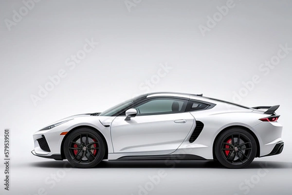 Fototapeta White sports car is shown like a studio photo with a gray background and a black rimmed tire. Supercar concept. Side view. Generative AI technology.