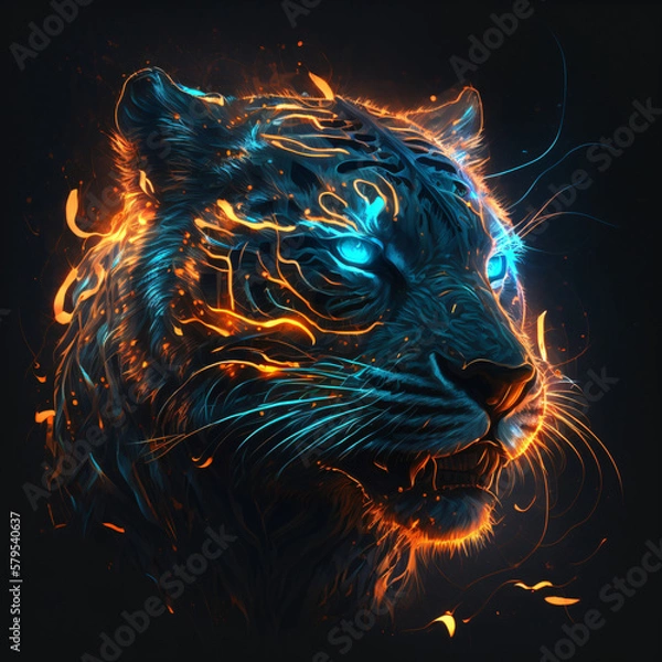 Fototapeta tiger silhouette neon light portrait isolated on a black background. tiger colorful neon light isolated portrait. Generative Ai 
