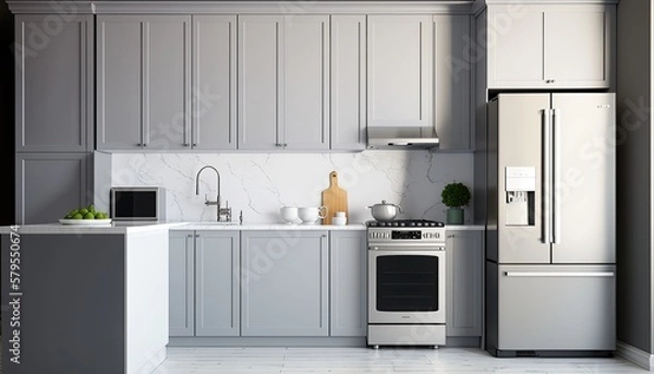 Fototapeta A minimalist kitchen with modern appliances and white marble countertops. The cabinets are sleek and simple, painted in a light shade of grey. The overall atmosphere is clean, bright. generative ai
