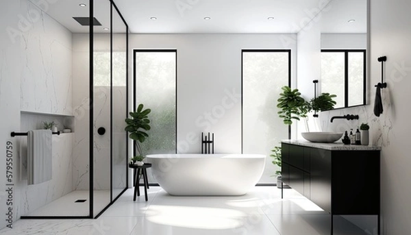 Fototapeta A sleek and modern bathroom with a minimalist white vanity and sleek black fixtures, featuring a large shower and luxurious freestanding tub generative ai
