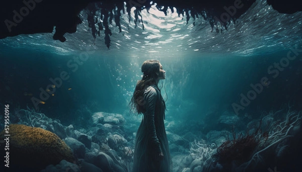 Fototapeta Bottom of the ocean, woman under the sea contemplating, generative AI