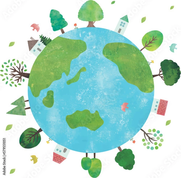 Fototapeta 丸い地球と木と家サスティナブル水彩