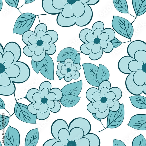 Fototapeta This seamless pattern features delicate blue flowers arranged in a repetitive pattern on a crisp white background, evoking a sense of calm and serenity.