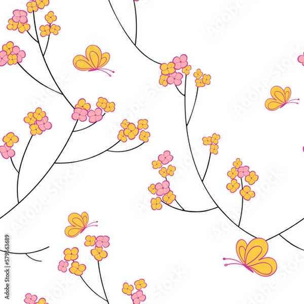 Fototapeta This elegant seamless pattern features branches, simple flowers, and fluttering butterflies set against a pristine white background, exuding grace and sophistication.