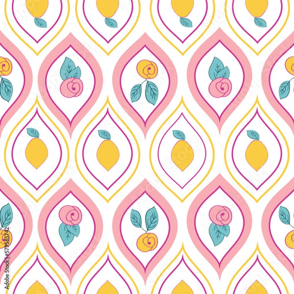 Fototapeta A refreshing ogee pattern featuring vibrant pink, yellow, and green flowers with bright lemons. The simple yet stylish design creates a seamless, repeating motif suitable for a variety of products.