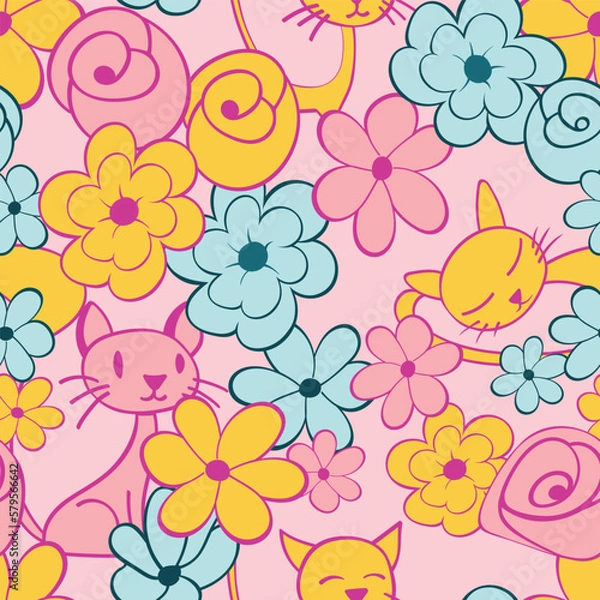 Fototapeta This charming seamless pattern features playful cats hiding behind stylized flowers in shades of pink, yellow, and blue on a light pink background.