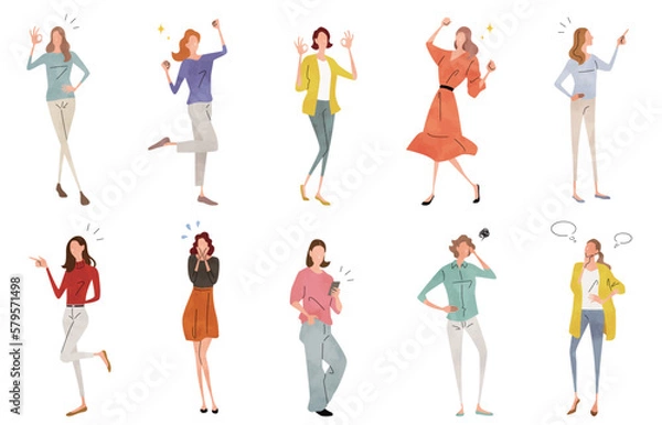 Obraz ベクターイラスト素材：喜怒哀楽を表現する女性たち、人物セット
