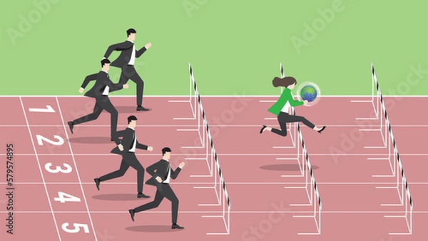 Fototapeta Advantages of ESG and green business policy of environmental concern, eco-friendly, sustainable company. A leader businesswoman holds earth and competitors run and jump over obstacles on a racetrack.