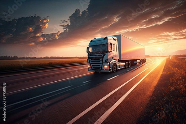 Fototapeta Loaded European truck on motorway in sunset