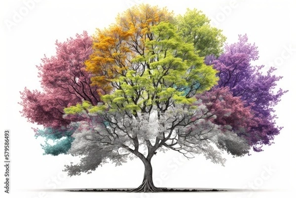 Fototapeta Tree with Multi Color Leaves Isolated on White Background. Generative ai.
