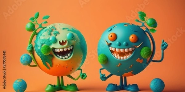 Fototapeta Cute Earth character laughting on orange background, Happy Earth day, World laughter day. Generative ai