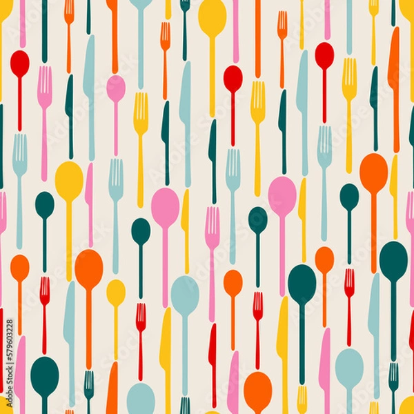 Fototapeta Hand drawn cutlery. Flat vector doodle spoon, fork, knife. Seamless pattern with kitchen tools. Bright retro style 70s. Kitchen background.