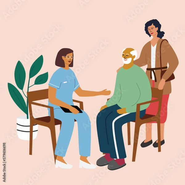 Obraz Elderly Care, Nursing Home, Dementia Concept. Doctor or nurse speaking with relative or family member of senior man. Set of hand drawn vector illustration isolated background.