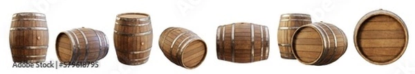 Fototapeta Wooden barrel, view from different angles, isolated on transparent background. Clipping path indluded. 3D render.