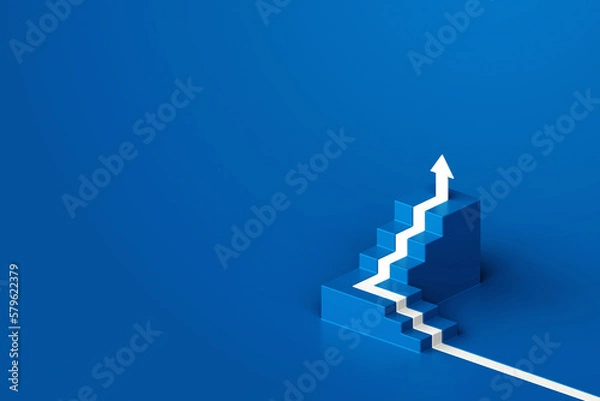 Obraz White arrow up with blue stair on blue floor background, 3D arrow climbing up over a staircase , 3d stairs with arrow going upward, 3d rendering