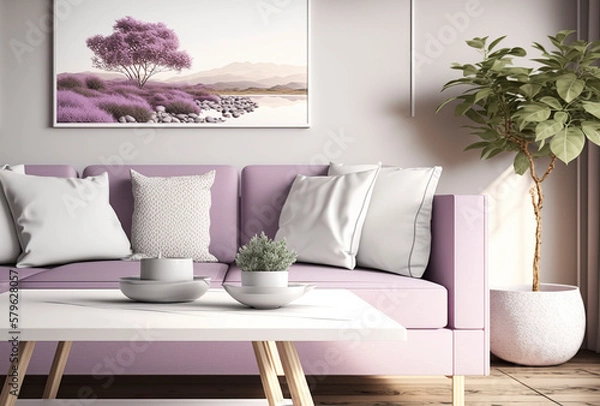 Fototapeta Modern living room design with pink velvet sofa. Generative AI.