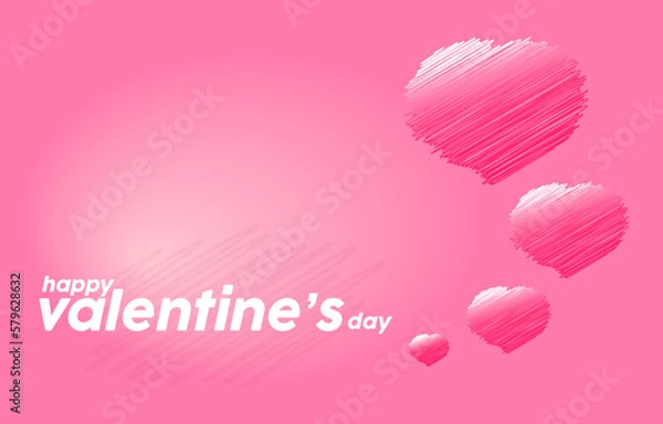 Fototapeta Happy Valentine's day banner with red heart shape pencil writing on pink background. Love party, invitation card design, poster, place for text.