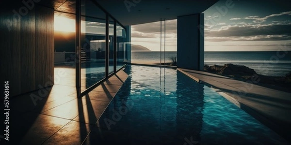 Fototapeta Seamless Integration of Infinity Pool and Interior in Contemporary House Design. Generative AI Illustration