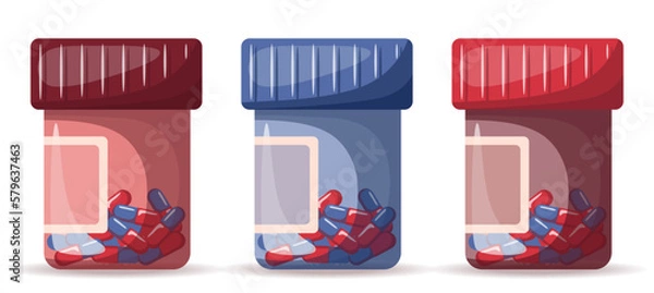Fototapeta Set of plastic containers with pills. Medicine, pharmacy and healthcare concept. Isolated vector illustration for flyer, poster, banner.