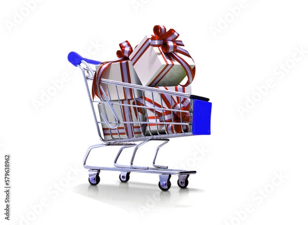 Fototapeta shopping cart full of gift boxes with red ribbon