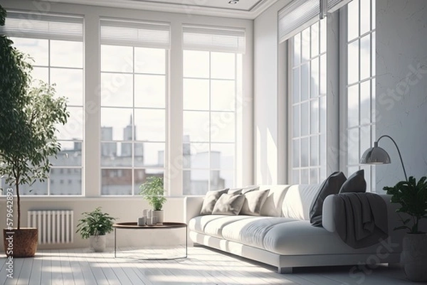 Fototapeta Illustration of modern light apartment with big windows created with Generative AI technology.