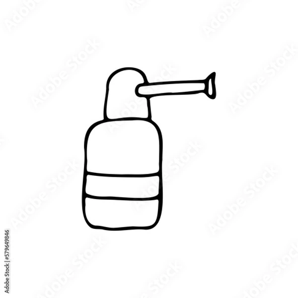 Fototapeta Spray for the treatment of the throat. Medicine. Means for the treatment of infectious diseases - colds, flu. An anesthetic drug. Doodle. Vector illustration. Hand drawn. Outline.