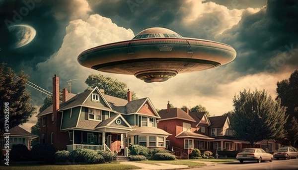 Obraz UFO flyings over a home, 1950s setting