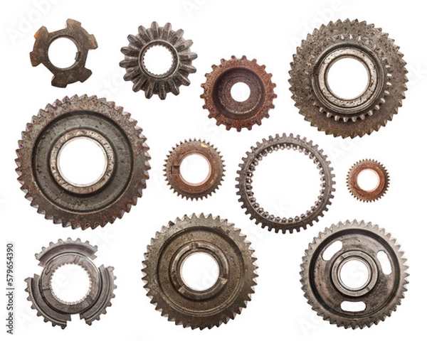 Fototapeta Set of grunge cog wheels, gears isolated on transparent background