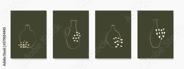 Fototapeta Enhance your walls with a minimalist boho vibe using this set of vase wall art on a dark green background. Perfect for prints, covers, wallpapers, and great natural wall decor collection.