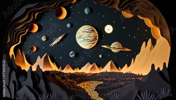 Obraz Night sky with {planets in Cut Paper Style