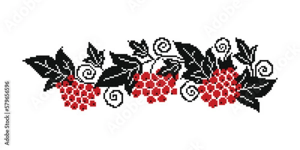 Fototapeta Realistic Cross-Stitch Composition with Guelder Rose. Ethnic Floral Motif, Handmade Stylization. Traditional Ukrainian Red and Black Embroidery. Ethnic Design Element. Vector 3d Illustration