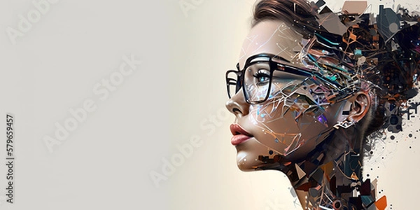 Obraz Profile portrait of robot bot ai with connected glasses white background. Synthetic humanoid robot, artificial intelligence.Portrait of gynoid,futuristic cyborg. Banner with space for text, copy space