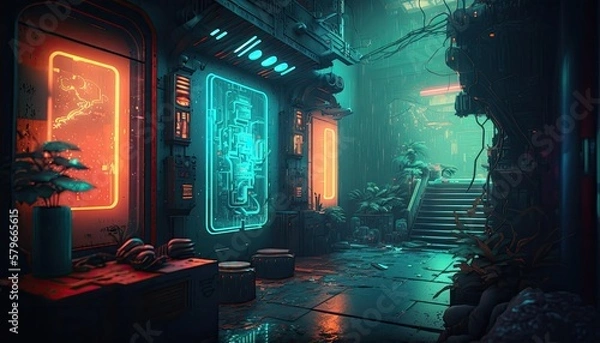 Fototapeta Beautiful neon night in a cyberpunk city. Photorealistic 3d illustration of the futuristic city. Empty street with blue neon lights. with Generate AI