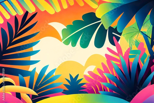 Obraz Summer vivid color illustration, exotic background with tropical leaves and palm trees. Summer creative concept. Generative AI.