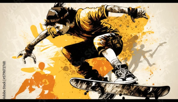 Obraz Street skater on a skateboard in a graffiti painting with action and paint splashes