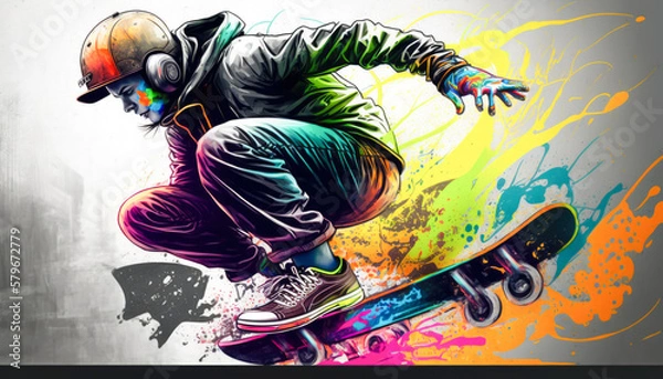 Obraz Street skater on a skateboard in a graffiti painting with action and paint splashes