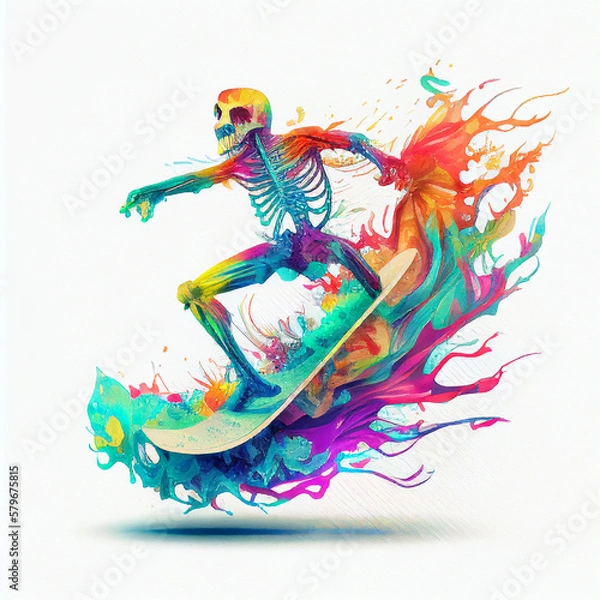 Obraz Skeleton surfing on ocean wave.