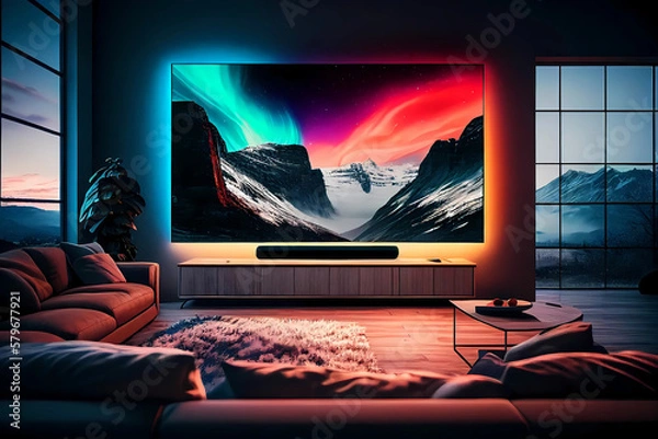 Fototapeta Livingroom with big tv on the wall. Generative ai design.