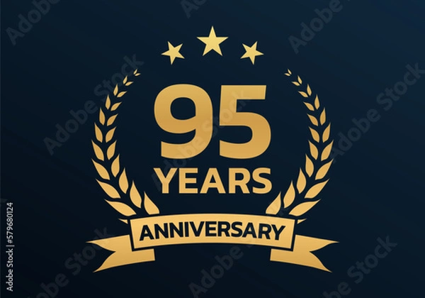 Fototapeta 95 years anniversary laurel wreath logo or icon. Jubilee, birthday badge, label or emblem. 95th celebration design element. Vector illustration.
