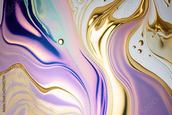 Fototapeta Abstract marble holographic, white and gold background. Wedding invitation, card backdrop, banner. Ai generated