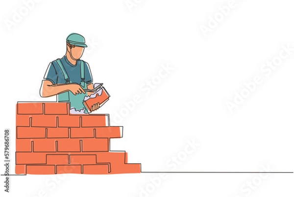 Obraz Continuous one line drawing repairman building brick wall. Construction worker in uniform and helmet doing work. Builder concept. Repair work services. Single line design vector graphic illustration